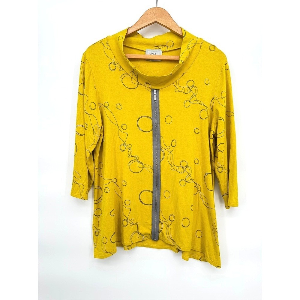 Chalet et Ceci Top Yellow Abstract Print Zip Funnel Neck S Lagenlook Casual S